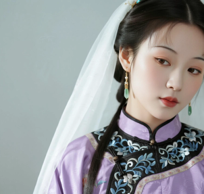 AI国风古风电脑桌面壁纸 | 藕紫绣花裙柔媚温婉女生8K超高清无水印套图