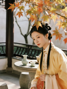 国风古风高清图集 | 女子秋日庭院暖调套图