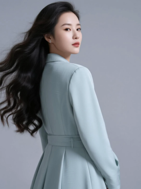 AI都市白领电脑桌面壁纸 | 浅灰青长款长裙素雅干练女生8K超高清无水印套图