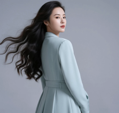 AI都市白领电脑桌面壁纸 | 浅灰青长款长裙素雅干练女生8K超高清无水印套图