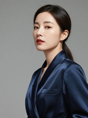 AI都市白领电脑桌面壁纸 | 墨蓝缎面长款西装裙冷感干练女生8K超高清无水印套图