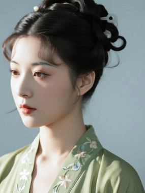 AI国风古风电脑桌面壁纸 | 橄榄绿汉服质感复古女生8K超高清无水印套图
