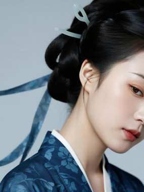AI国风古风电脑桌面壁纸 | 藏蓝汉服端庄古韵女生8K超高清无水印套图