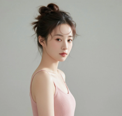 AI模特气质电脑桌面壁纸 | 藕粉针织吊带裙温婉少女8K无水印套图