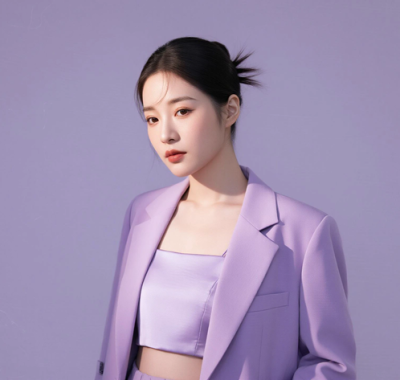 AI模特气质电脑桌面壁纸 | 淡紫西装套装甜美通勤女生8K无水印套图