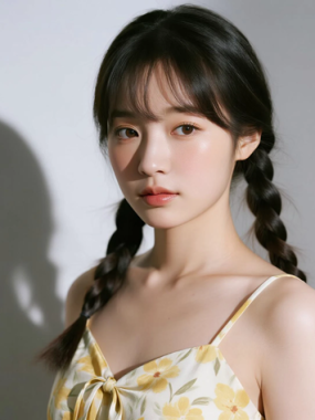 AI模特气质电脑桌面壁纸 | 浅黄碎花吊带裙元气灵动女生8K无水印套图