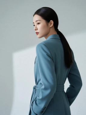 AI模特气质电脑桌面壁纸 | 雾霾蓝修身西装清冷职场女生8K无水印套图