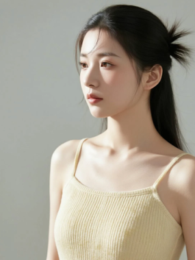 AI清新治愈电脑桌面壁纸 | 浅杏黄针织吊带长裙元气柔和女生8K无水印套图