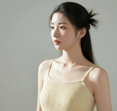 AI清新治愈电脑桌面壁纸 | 浅杏黄针织吊带长裙元气柔和女生8K无水印套图
