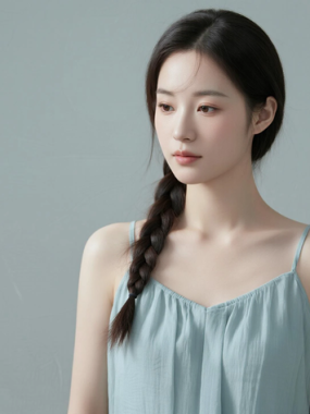 AI清新治愈电脑桌面壁纸 | 浅青灰压褶吊带长裙素雅恬静女生8K无水印套图