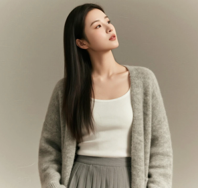 AI模特气质电脑桌面壁纸 | 浅灰针织开衫温柔私服女生8K无水印套图