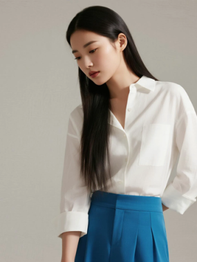 AI模特气质电脑桌面壁纸 | 白衬衫蓝阔腿裤清爽穿搭女生8K无水印套图
