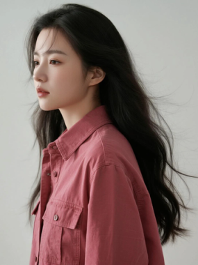 AI模特气质电脑桌面壁纸 | 砖粉衬衫随性时髦女生8K超高清无水印套图