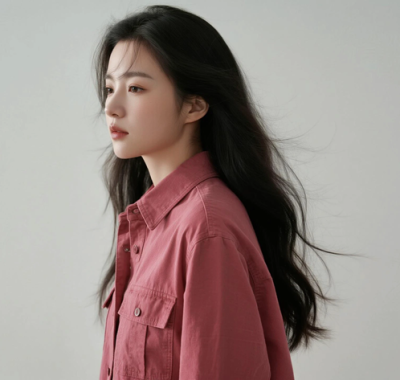 AI模特气质电脑桌面壁纸 | 砖粉衬衫随性时髦女生8K超高清无水印套图